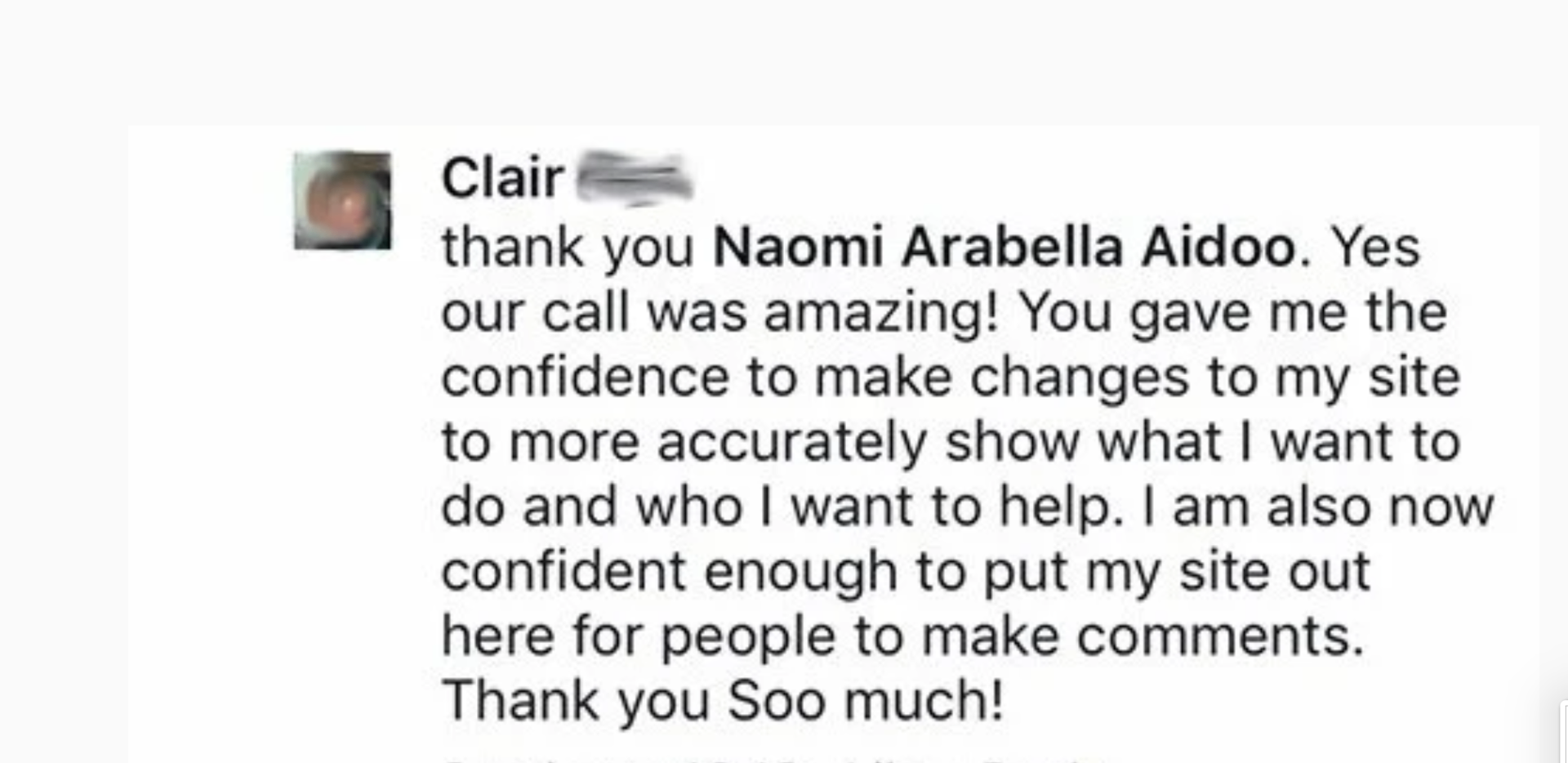 Clair's testimonial about coaching call
