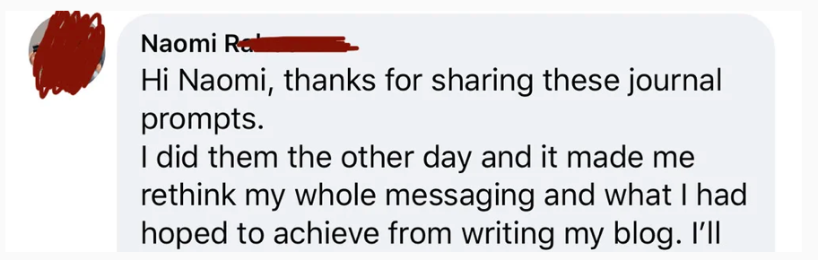 Naomi's testimonial about journal prompts and messaging