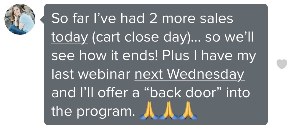 Client testimonial about sales and webinar results