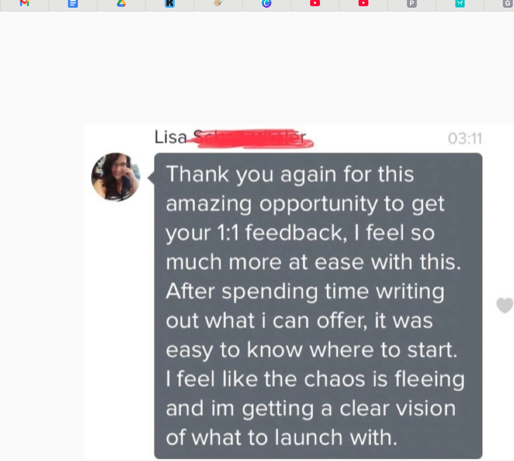 Lisa's testimonial about 1:1 feedback